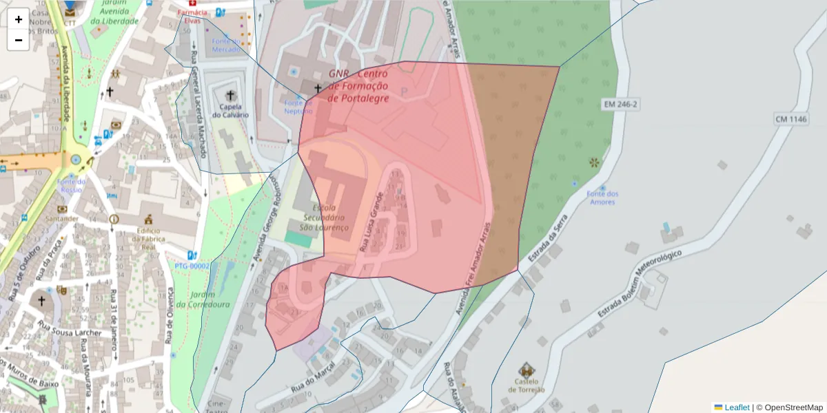 Mapa detalhado do código postal 7300-046 com limites, códigos postais vizinhos e agências dos correios