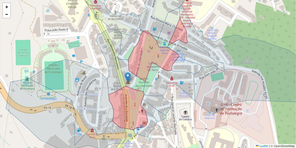 Mapa detalhado do código postal 7300-065 com limites, códigos postais vizinhos e agências dos correios