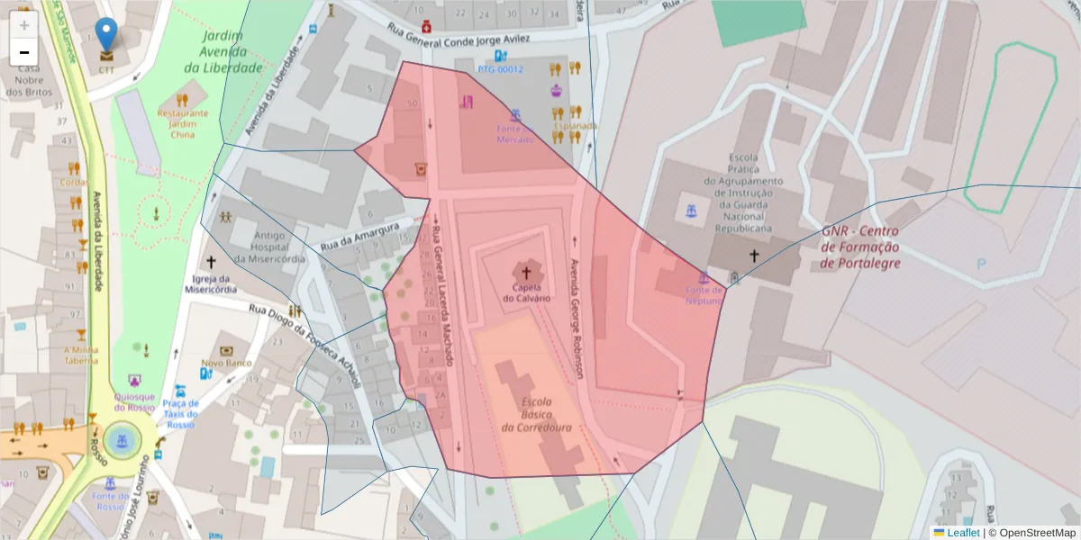 Mapa detalhado do código postal 7300-071 com limites, códigos postais vizinhos e agências dos correios