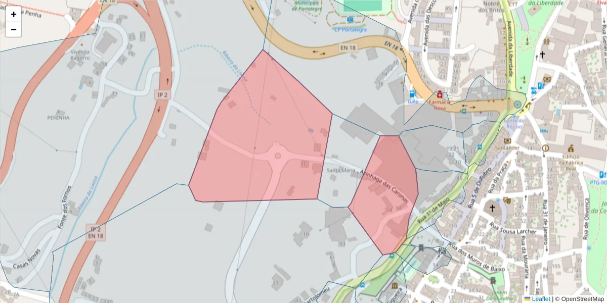 Mapa detalhado do código postal 7300-075 com limites, códigos postais vizinhos e agências dos correios