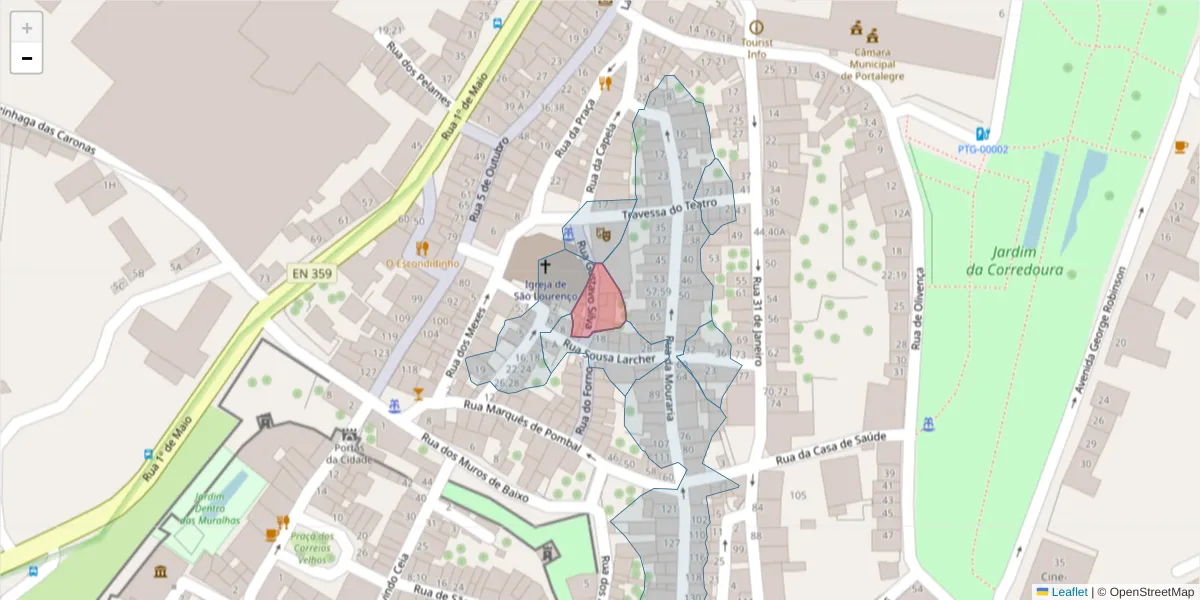 Mapa detalhado do código postal 7300-080 com limites, códigos postais vizinhos e agências dos correios