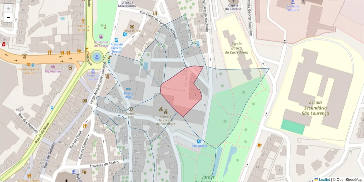 Mapa detalhado do código postal 7300-091 com limites, códigos postais vizinhos e agências dos correios