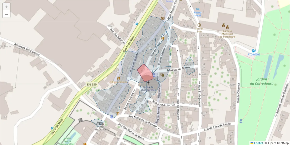 Mapa detalhado do código postal 7300-104 com limites, códigos postais vizinhos e agências dos correios