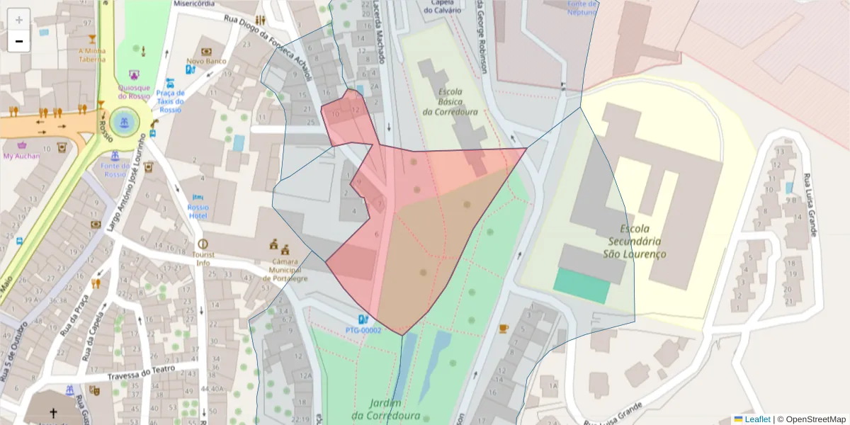 Mapa detalhado do código postal 7300-107 com limites, códigos postais vizinhos e agências dos correios