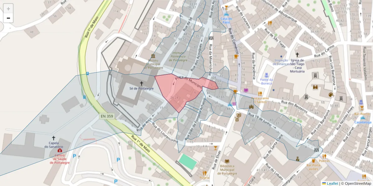 Mapa detalhado do código postal 7300-110 com limites, códigos postais vizinhos e agências dos correios