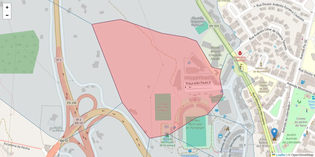 Mapa detalhado do código postal 7300-111 com limites, códigos postais vizinhos e agências dos correios