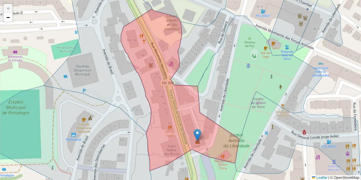 Mapa detalhado do código postal 7300-121 com limites, códigos postais vizinhos e agências dos correios