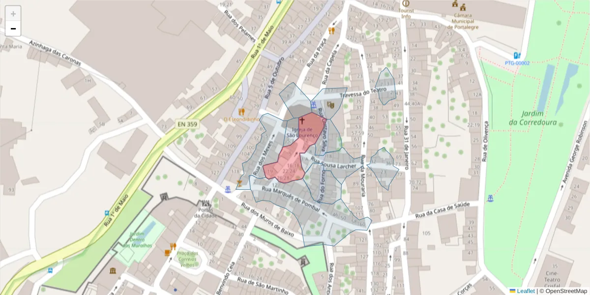 Mapa detalhado do código postal 7300-123 com limites, códigos postais vizinhos e agências dos correios