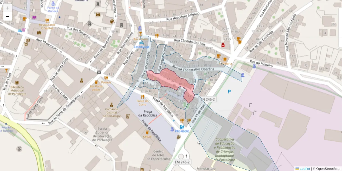 Mapa detalhado do código postal 7300-125 com limites, códigos postais vizinhos e agências dos correios