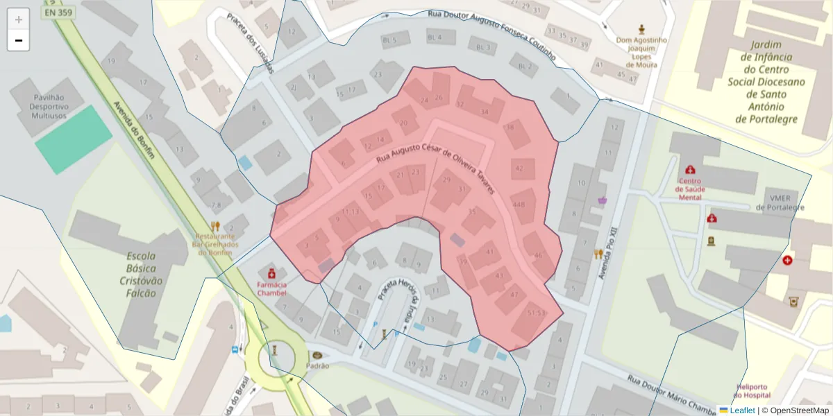 Mapa detalhado do código postal 7300-126 com limites, códigos postais vizinhos e agências dos correios