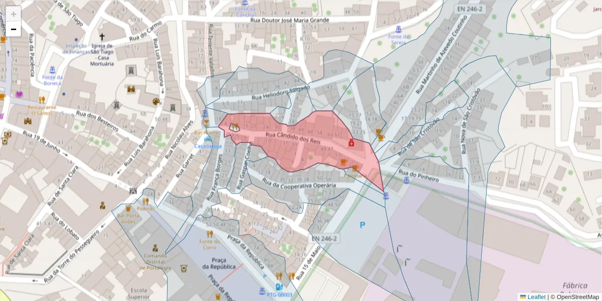 Mapa detalhado do código postal 7300-129 com limites, códigos postais vizinhos e agências dos correios