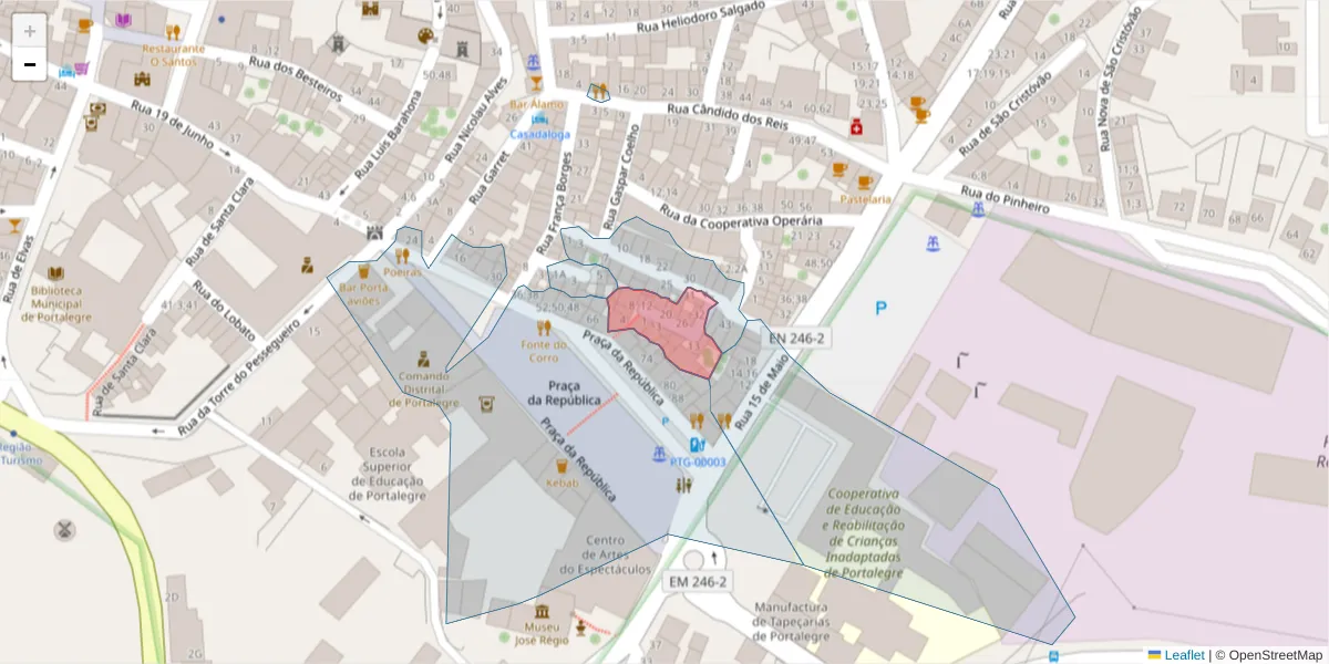 Mapa detalhado do código postal 7300-130 com limites, códigos postais vizinhos e agências dos correios