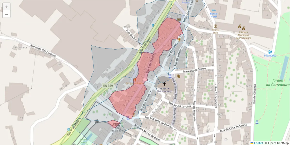 Mapa detalhado do código postal 7300-133 com limites, códigos postais vizinhos e agências dos correios