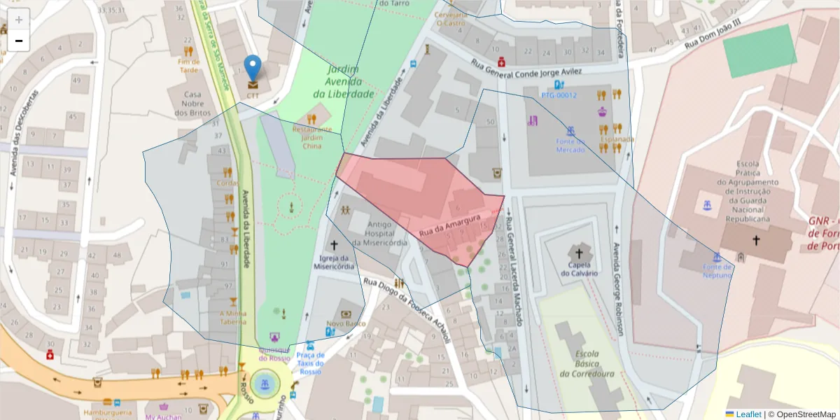 Mapa detalhado do código postal 7300-135 com limites, códigos postais vizinhos e agências dos correios