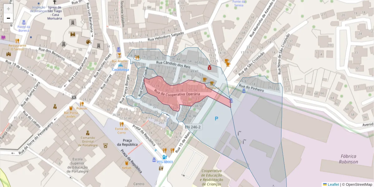 Mapa detalhado do código postal 7300-138 com limites, códigos postais vizinhos e agências dos correios