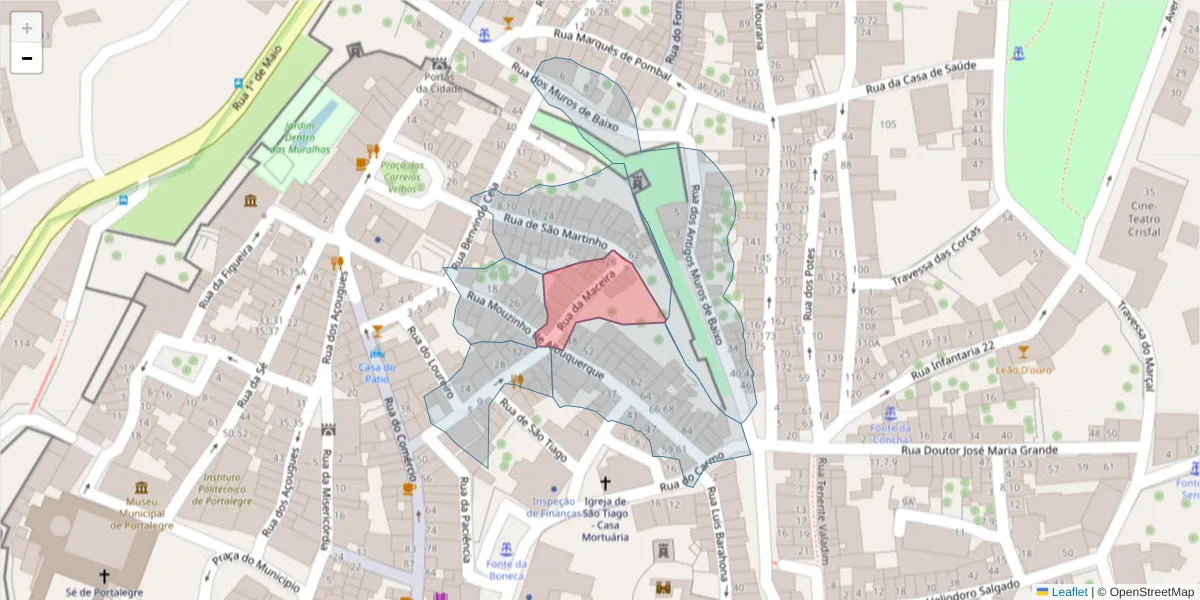 Mapa detalhado do código postal 7300-140 com limites, códigos postais vizinhos e agências dos correios