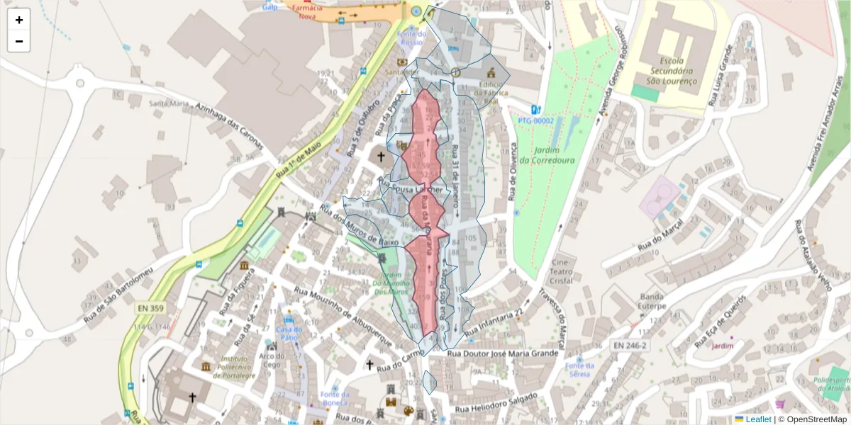 Mapa detalhado do código postal 7300-142 com limites, códigos postais vizinhos e agências dos correios