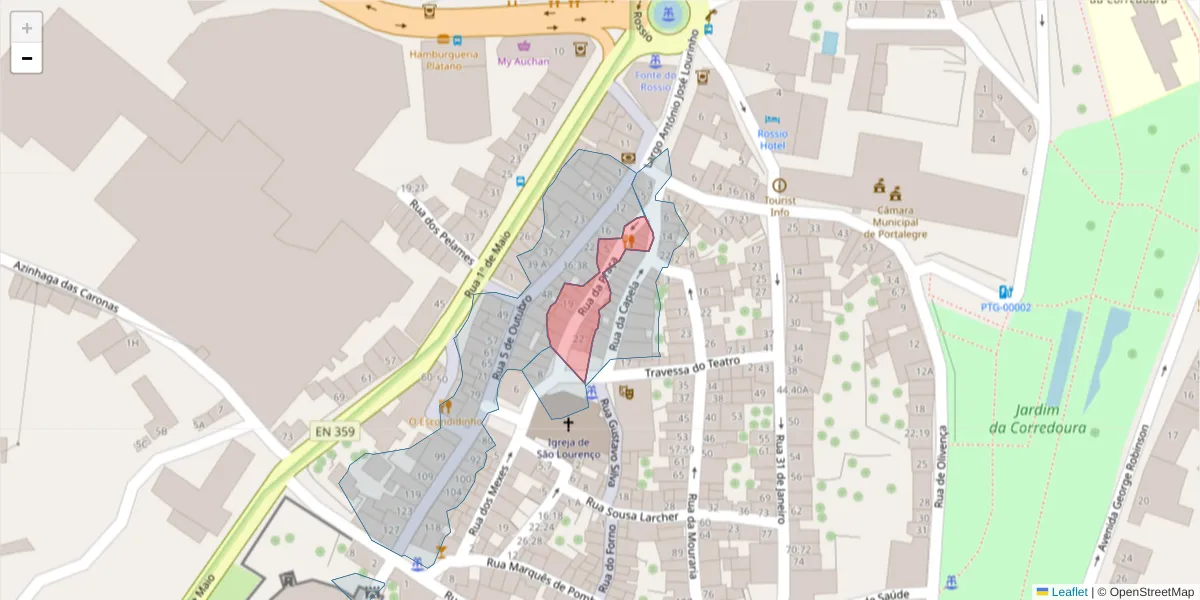 Mapa detalhado do código postal 7300-144 com limites, códigos postais vizinhos e agências dos correios