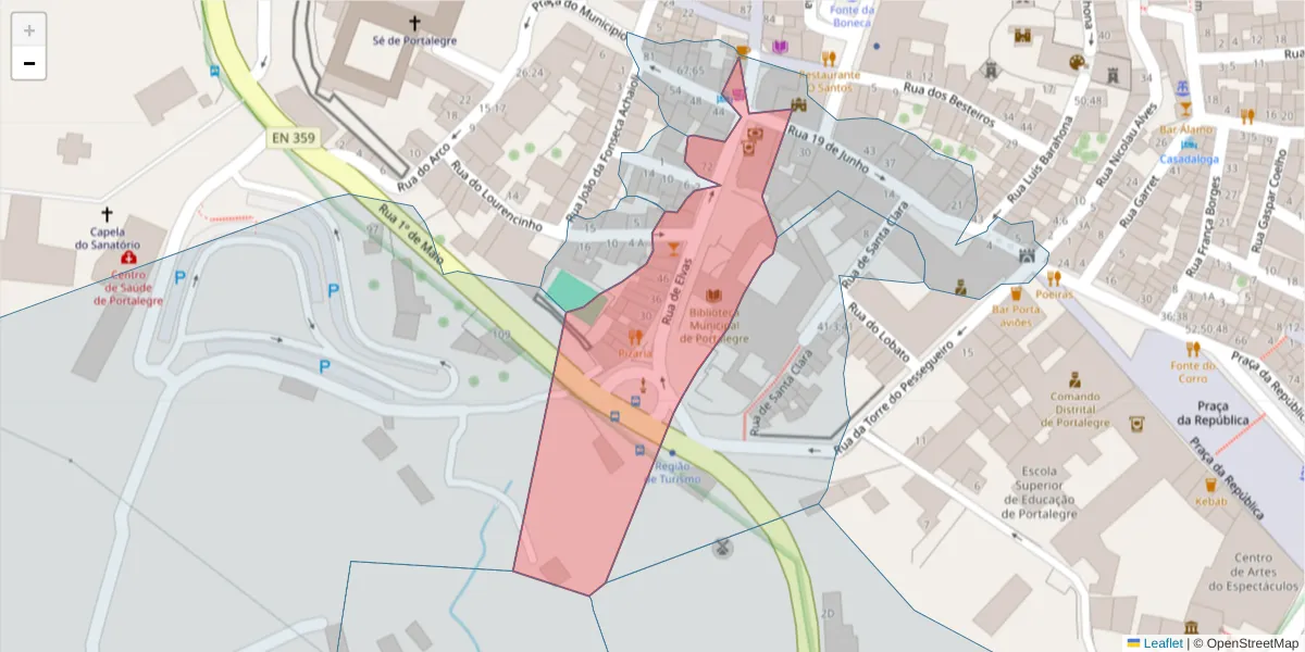 Mapa detalhado do código postal 7300-147 com limites, códigos postais vizinhos e agências dos correios