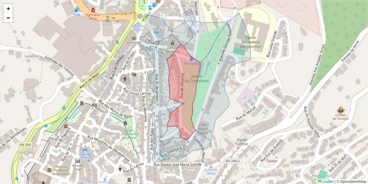 Mapa detalhado do código postal 7300-149 com limites, códigos postais vizinhos e agências dos correios