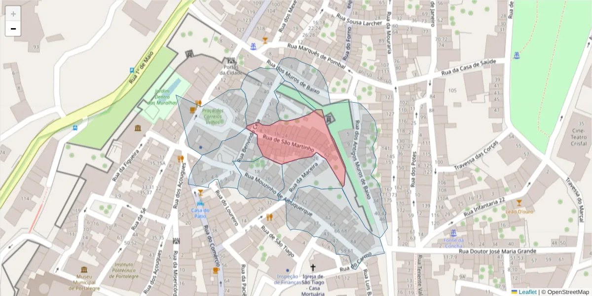 Mapa detalhado do código postal 7300-152 com limites, códigos postais vizinhos e agências dos correios