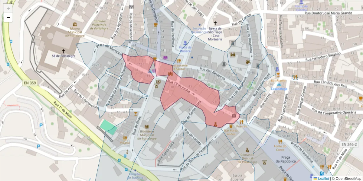 Mapa detalhado do código postal 7300-155 com limites, códigos postais vizinhos e agências dos correios