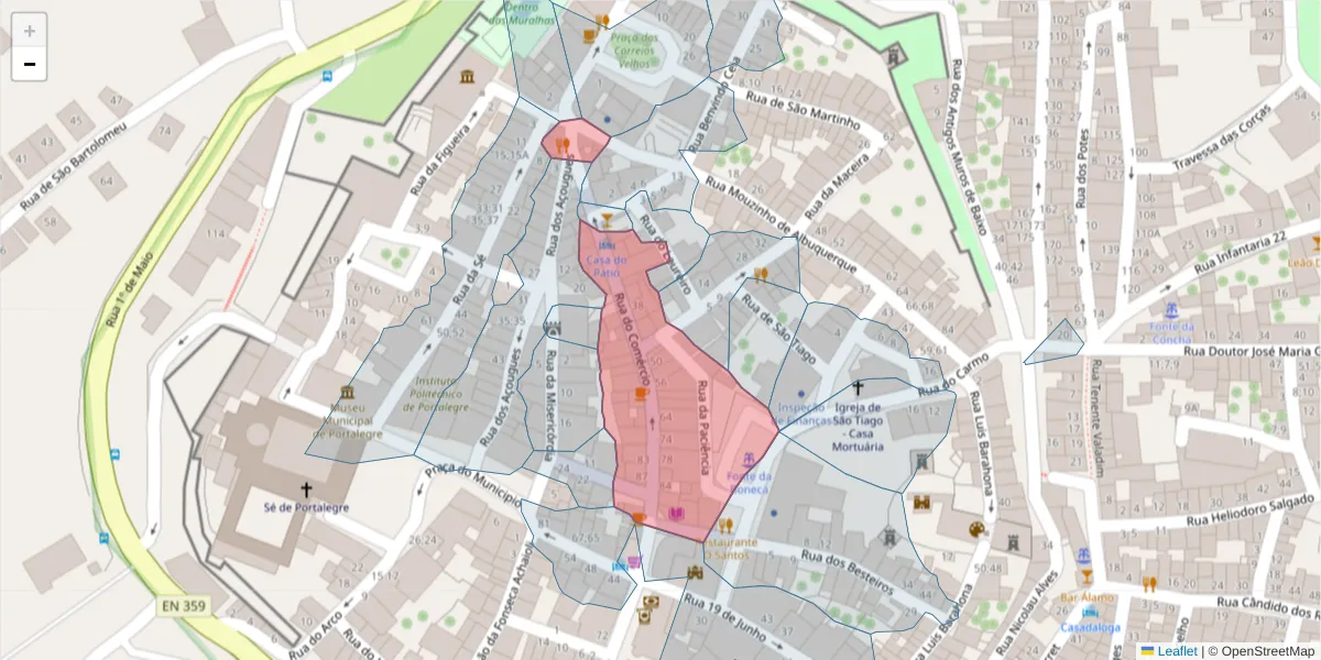Mapa detalhado do código postal 7300-160 com limites, códigos postais vizinhos e agências dos correios
