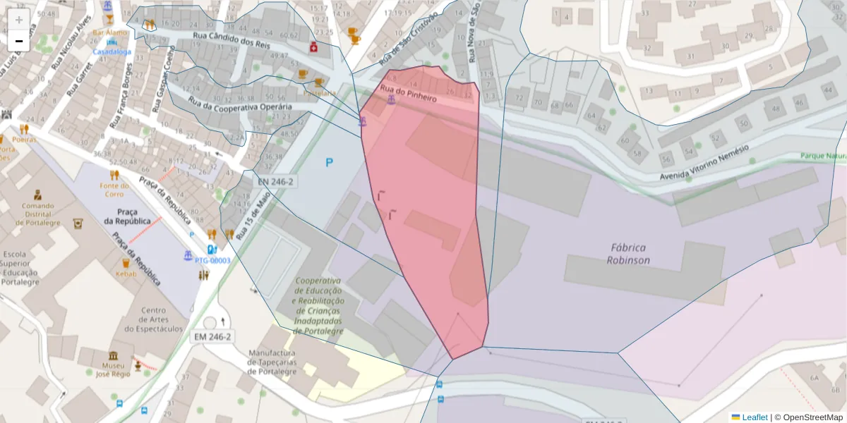 Mapa detalhado do código postal 7300-166 com limites, códigos postais vizinhos e agências dos correios