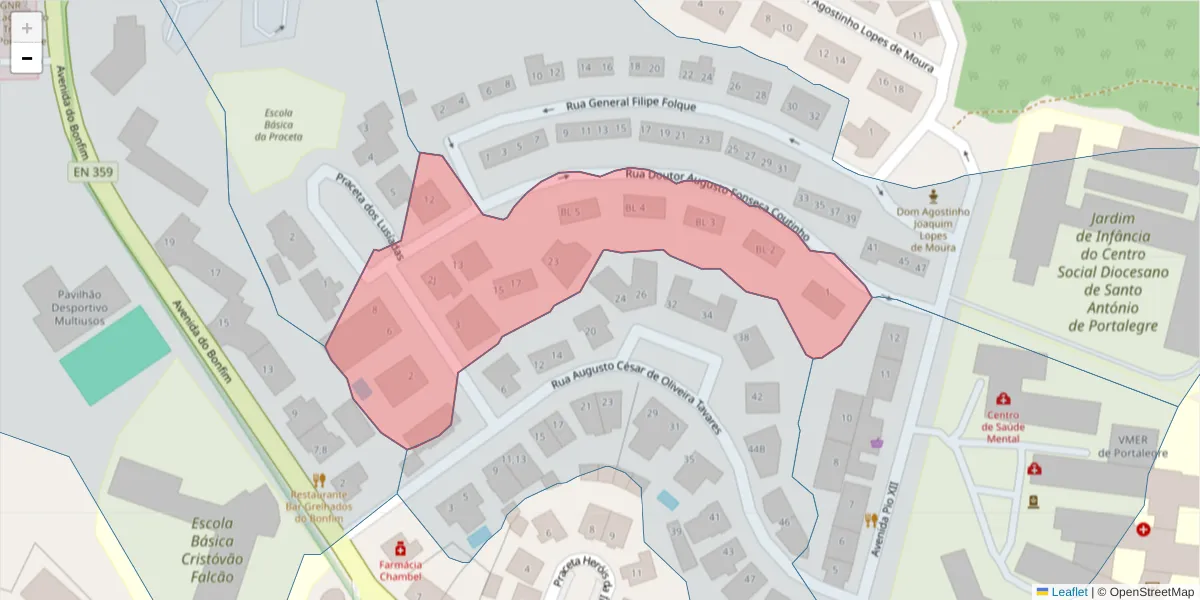 Mapa detalhado do código postal 7300-177 com limites, códigos postais vizinhos e agências dos correios
