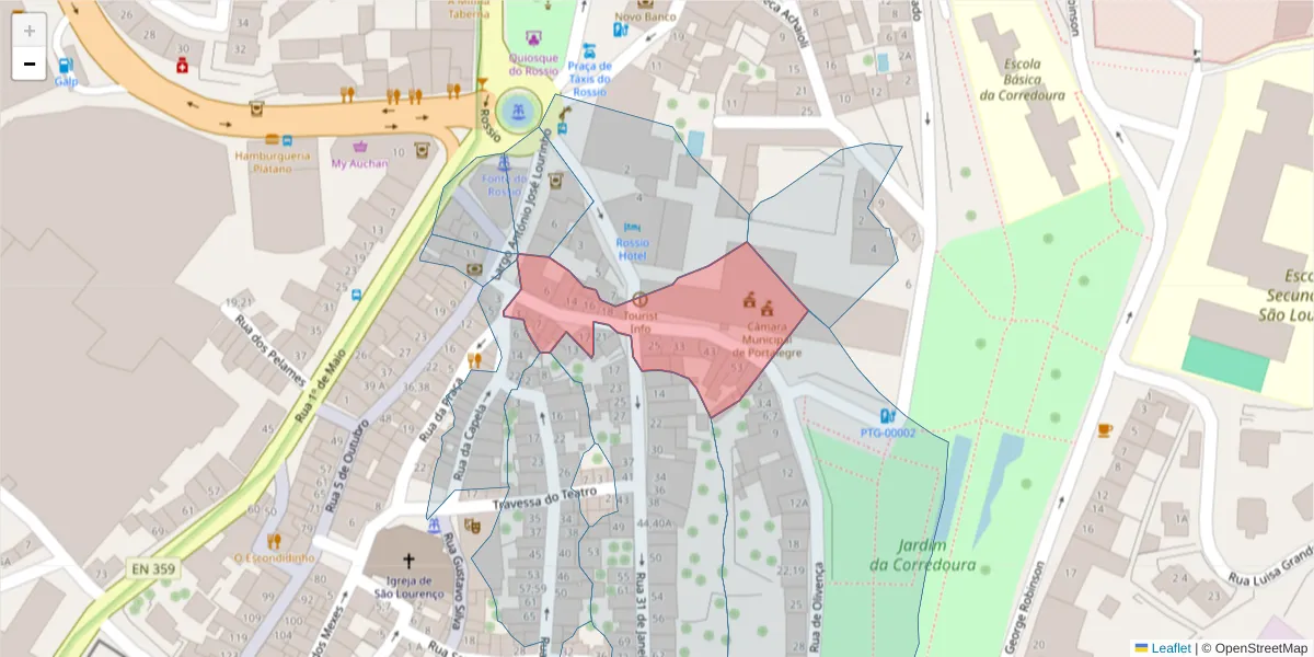 Mapa detalhado do código postal 7300-186 com limites, códigos postais vizinhos e agências dos correios