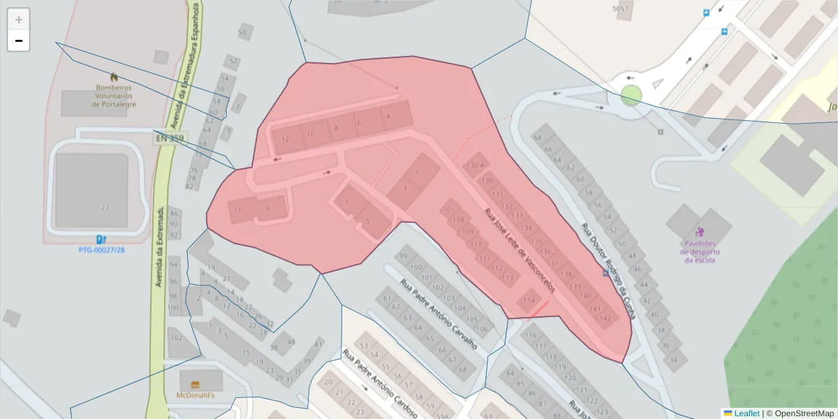 Mapa detalhado do código postal 7300-191 com limites, códigos postais vizinhos e agências dos correios