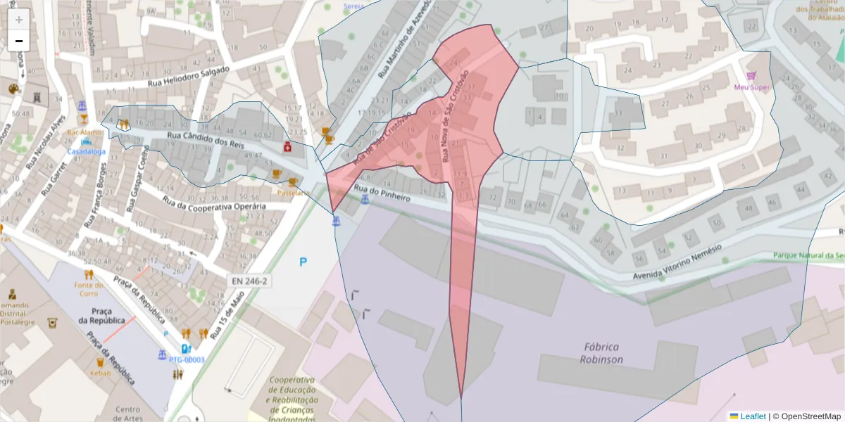 Mapa detalhado do código postal 7300-199 com limites, códigos postais vizinhos e agências dos correios