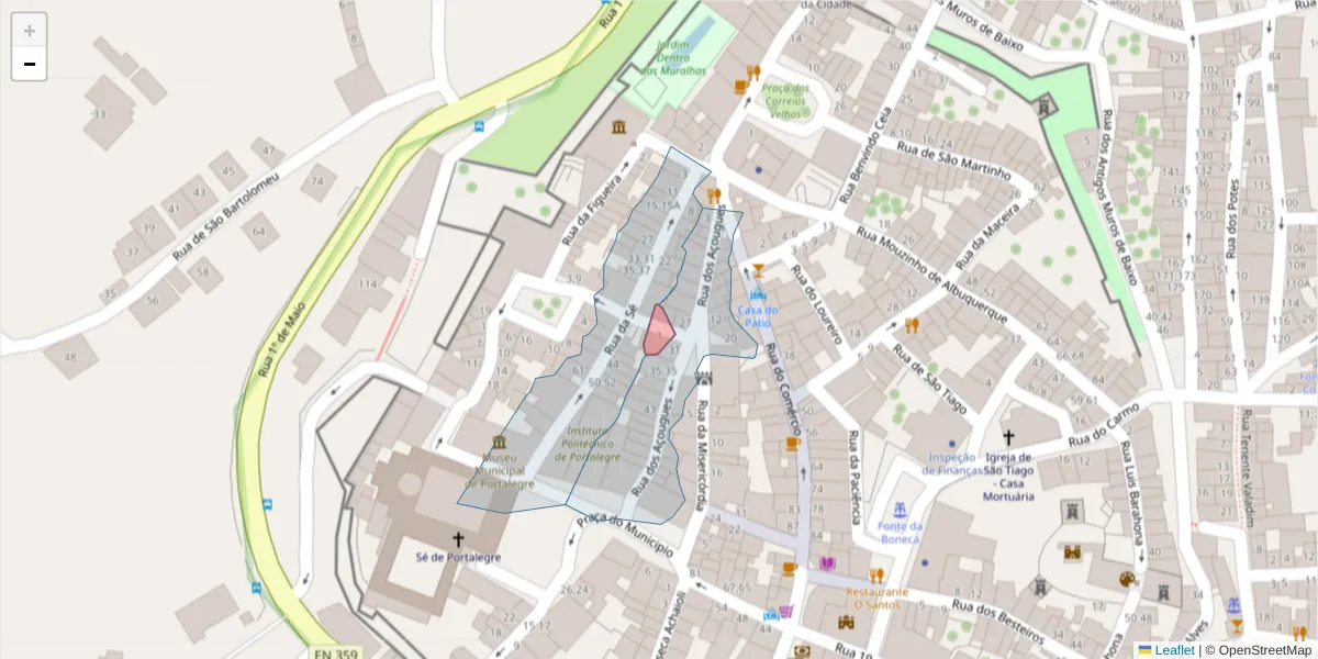 Mapa detalhado do código postal 7300-216 com limites, códigos postais vizinhos e agências dos correios