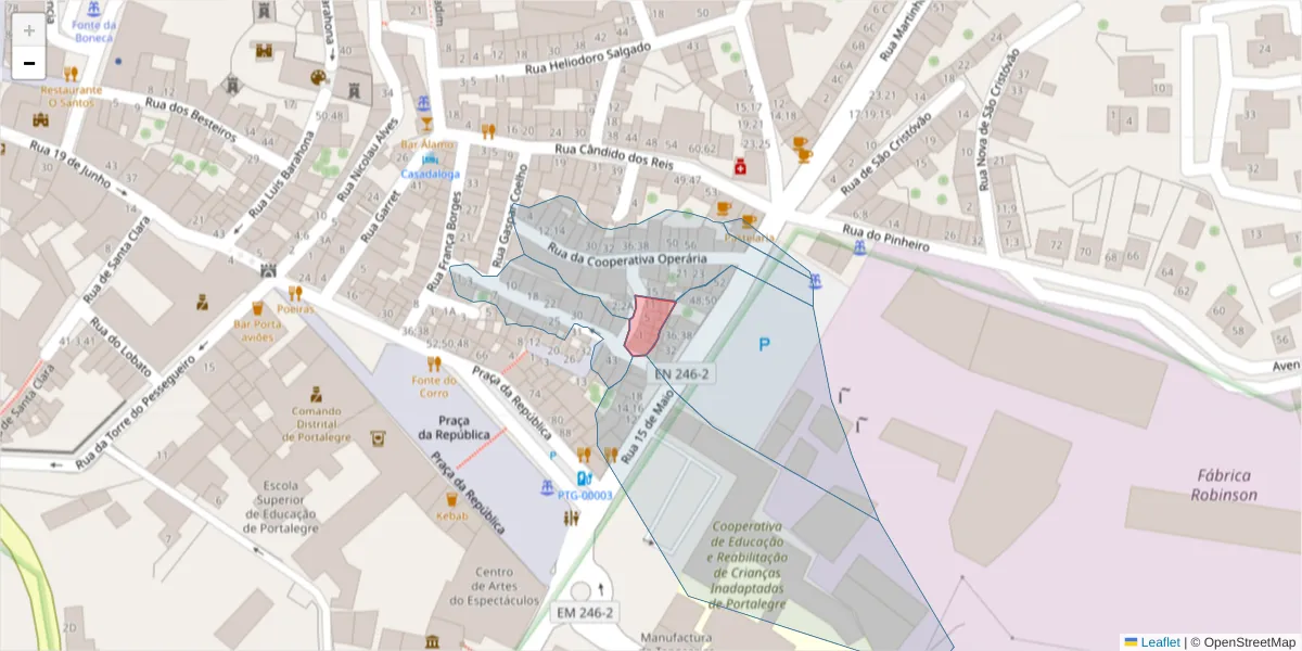Mapa detalhado do código postal 7300-225 com limites, códigos postais vizinhos e agências dos correios