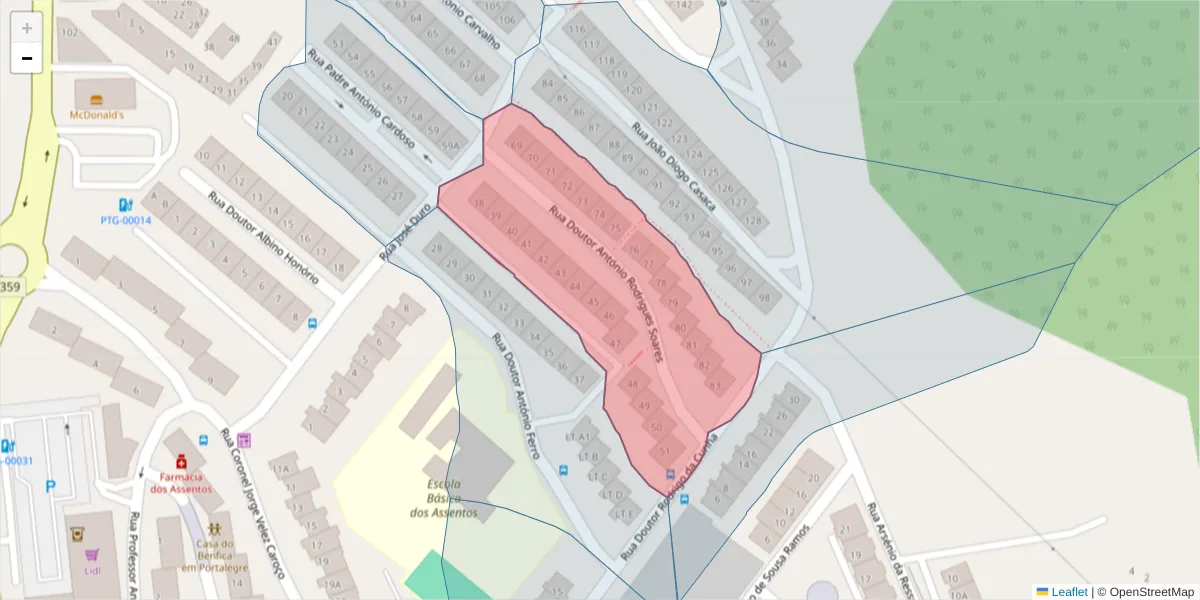 Mapa detalhado do código postal 7300-244 com limites, códigos postais vizinhos e agências dos correios