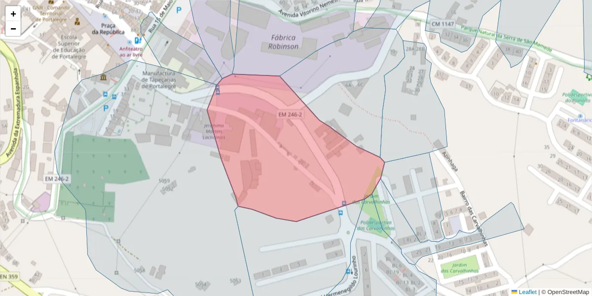 Mapa detalhado do código postal 7300-261 com limites, códigos postais vizinhos e agências dos correios