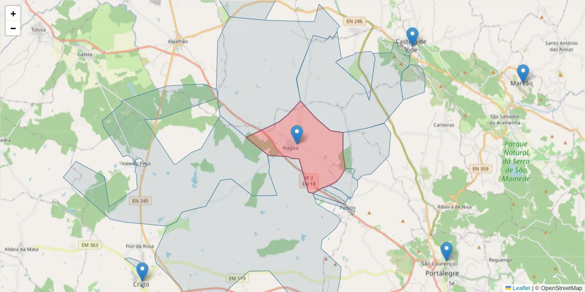 Mapa detalhado do código postal 7300-301 com limites, códigos postais vizinhos e agências dos correios