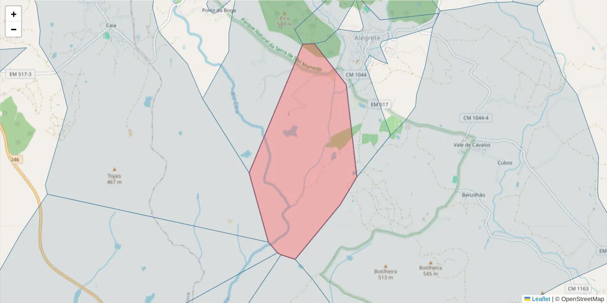 Mapa detalhado do código postal 7300-317 com limites, códigos postais vizinhos e agências dos correios