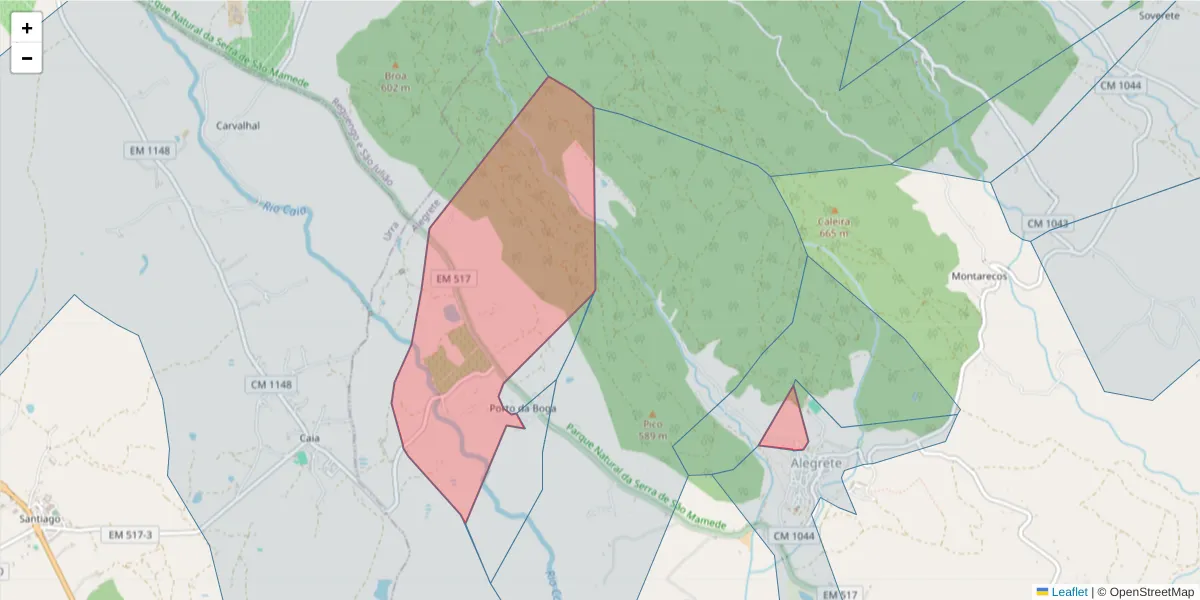 Mapa detalhado do código postal 7300-318 com limites, códigos postais vizinhos e agências dos correios