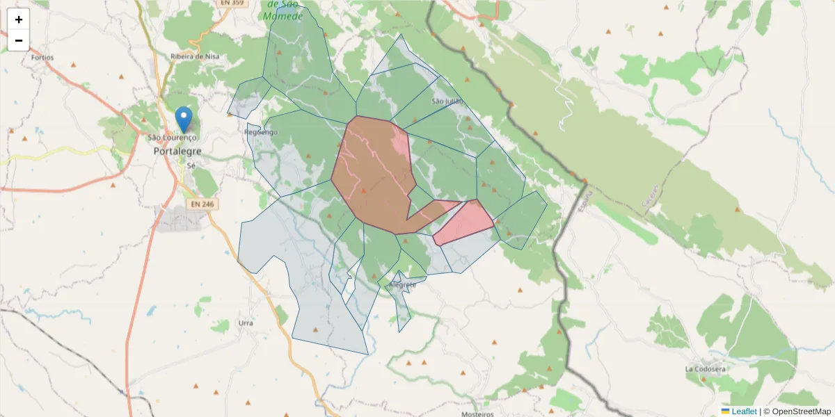 Mapa detalhado do código postal 7300-327 com limites, códigos postais vizinhos e agências dos correios