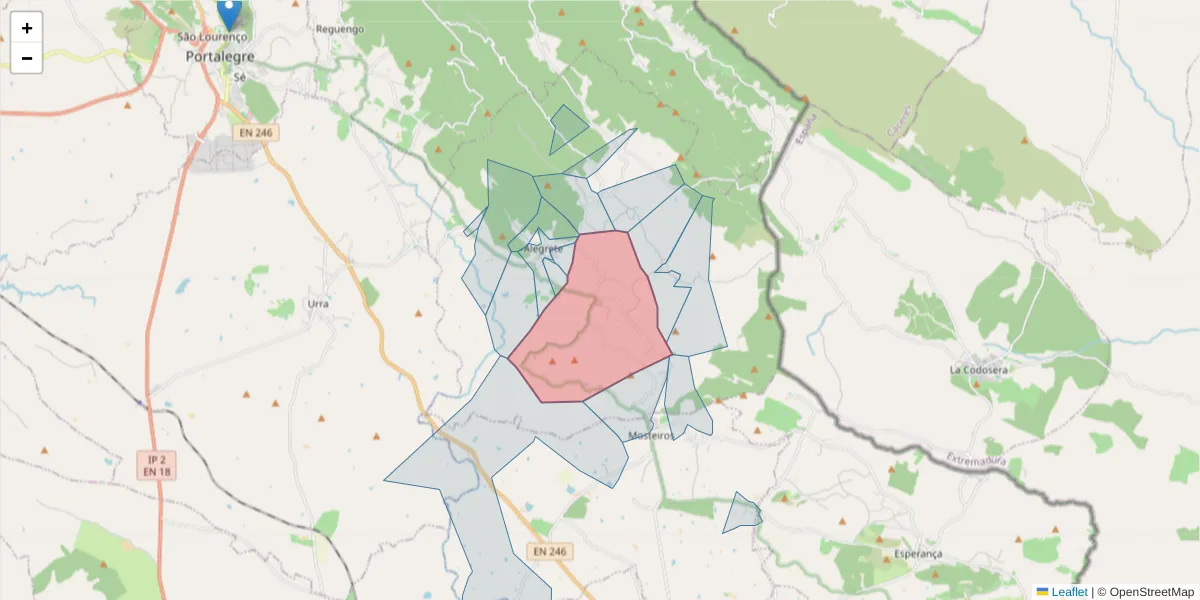 Mapa detalhado do código postal 7300-335 com limites, códigos postais vizinhos e agências dos correios