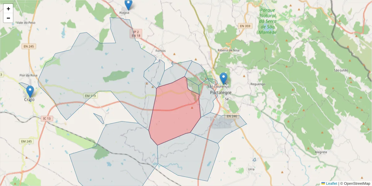 Mapa detalhado do código postal 7300-373 com limites, códigos postais vizinhos e agências dos correios