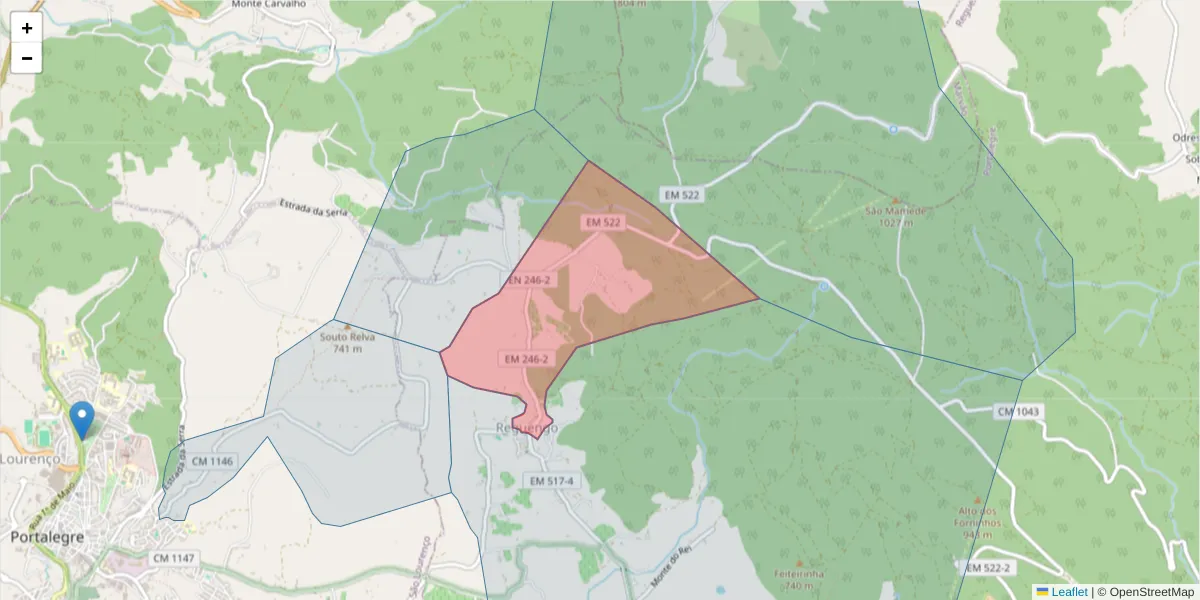 Mapa detalhado do código postal 7300-404 com limites, códigos postais vizinhos e agências dos correios