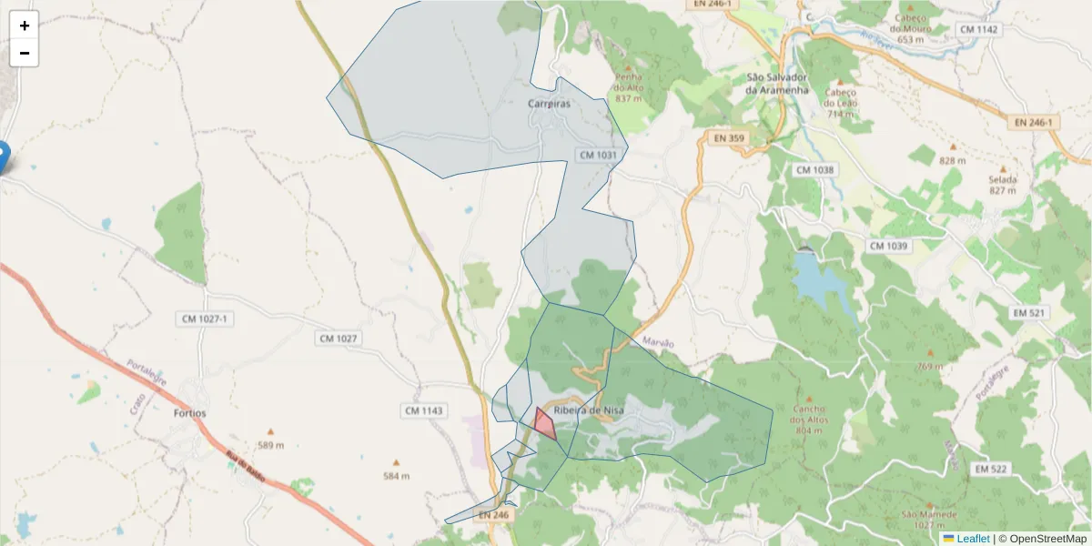Mapa detalhado do código postal 7300-422 com limites, códigos postais vizinhos e agências dos correios