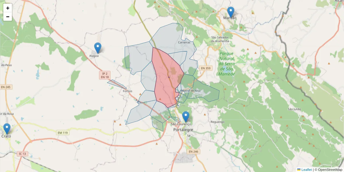 Mapa detalhado do código postal 7300-436 com limites, códigos postais vizinhos e agências dos correios