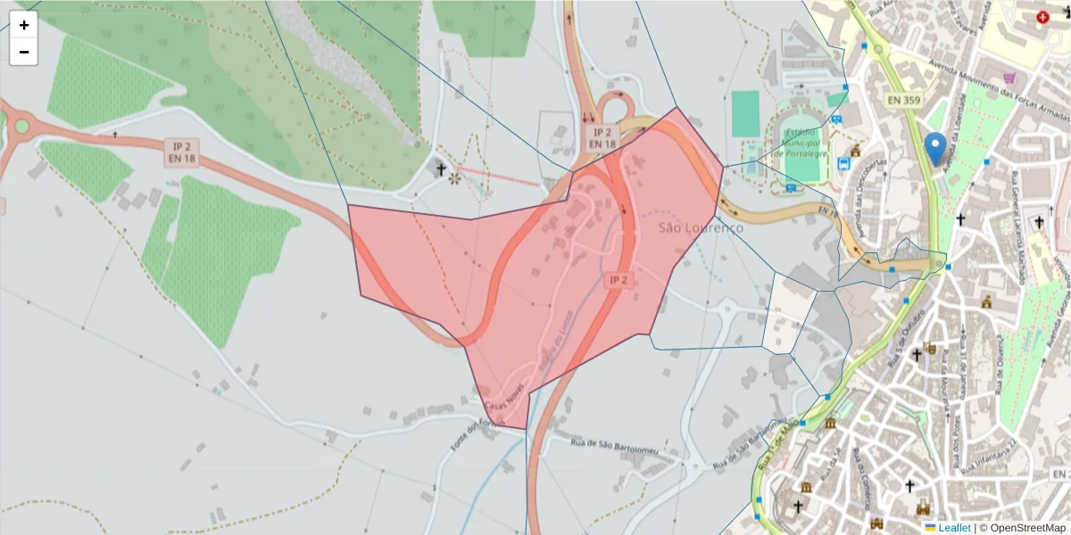Mapa detalhado do código postal 7300-496 com limites, códigos postais vizinhos e agências dos correios