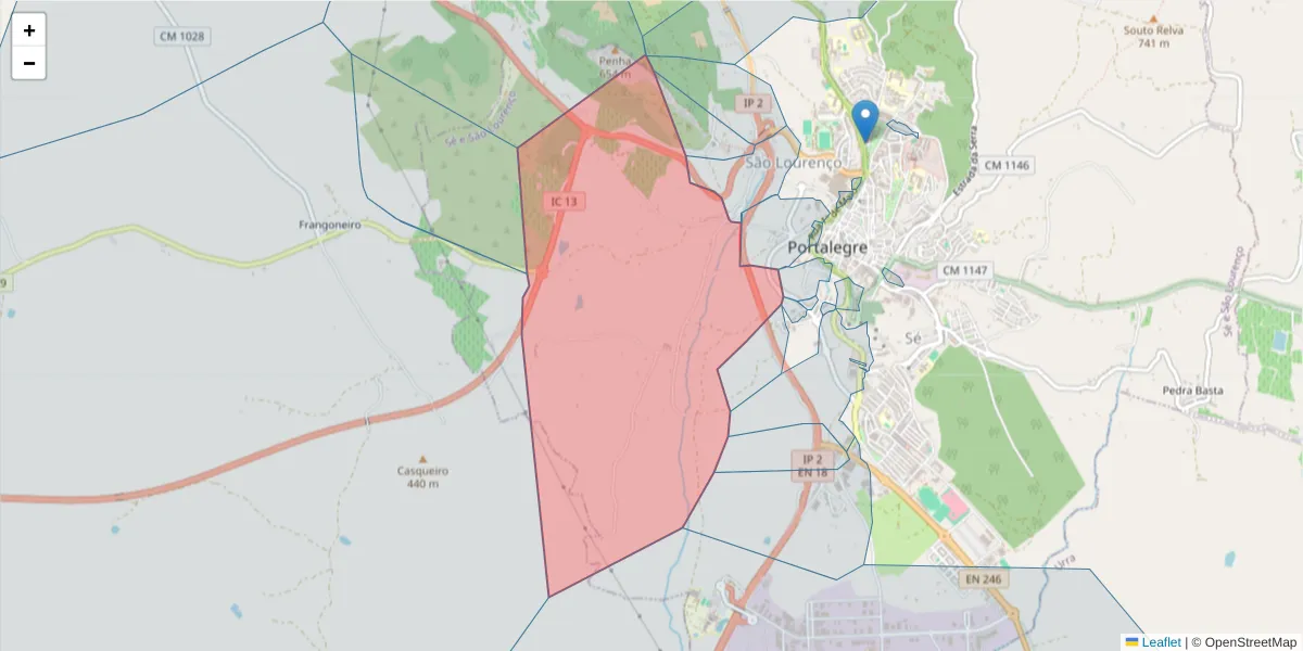 Mapa detalhado do código postal 7300-497 com limites, códigos postais vizinhos e agências dos correios