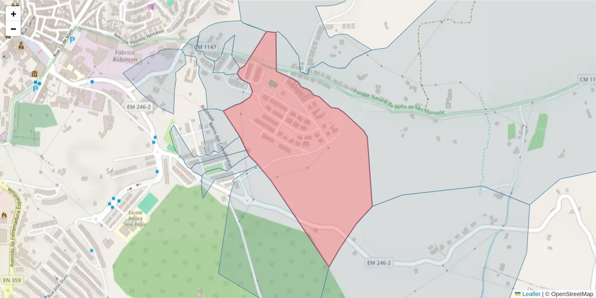 Mapa detalhado do código postal 7300-552 com limites, códigos postais vizinhos e agências dos correios