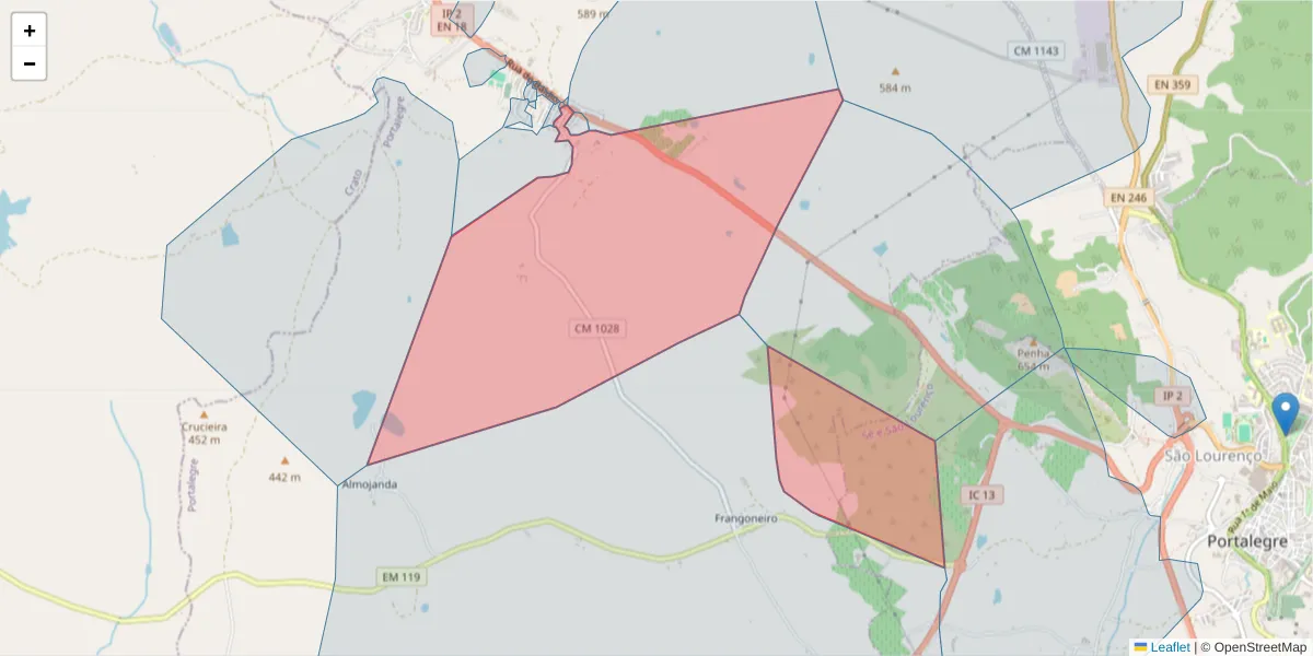 Mapa detalhado do código postal 7300-674 com limites, códigos postais vizinhos e agências dos correios