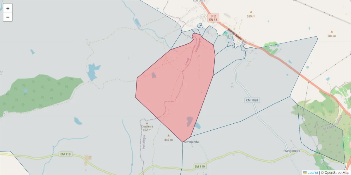 Mapa detalhado do código postal 7300-679 com limites, códigos postais vizinhos e agências dos correios